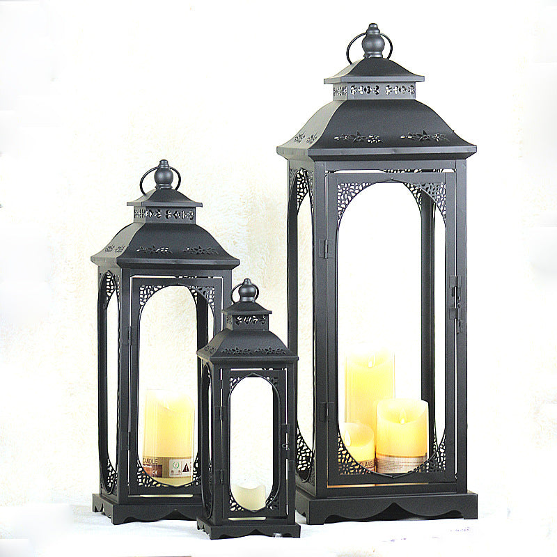 Decorative Vintage Style Metal and Glass Lantern Set with Hinged Door