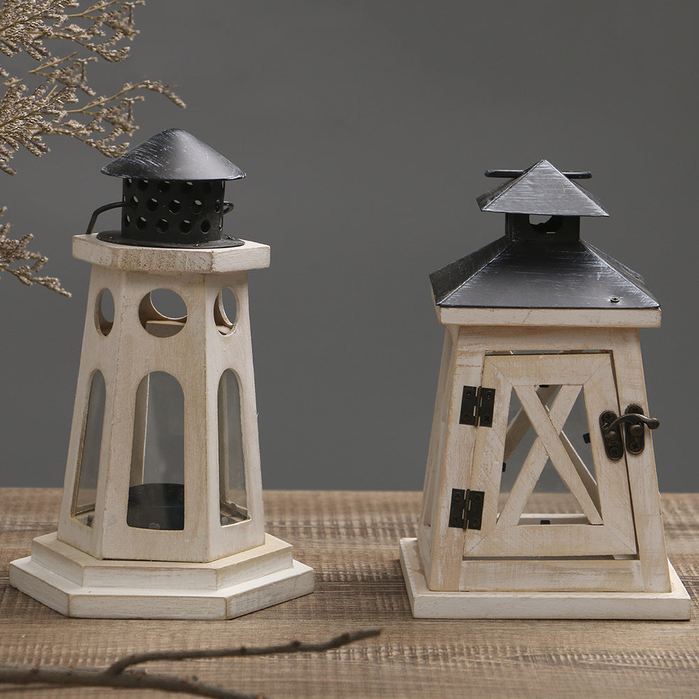 Distressed Wood Glass Candle Lantern with Perforated Metal Top and Vintage Latch