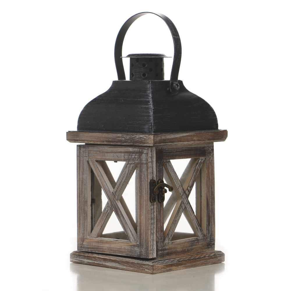 Distressed Wood Glass Candle Lantern with Perforated Metal Top and Vintage Latch
