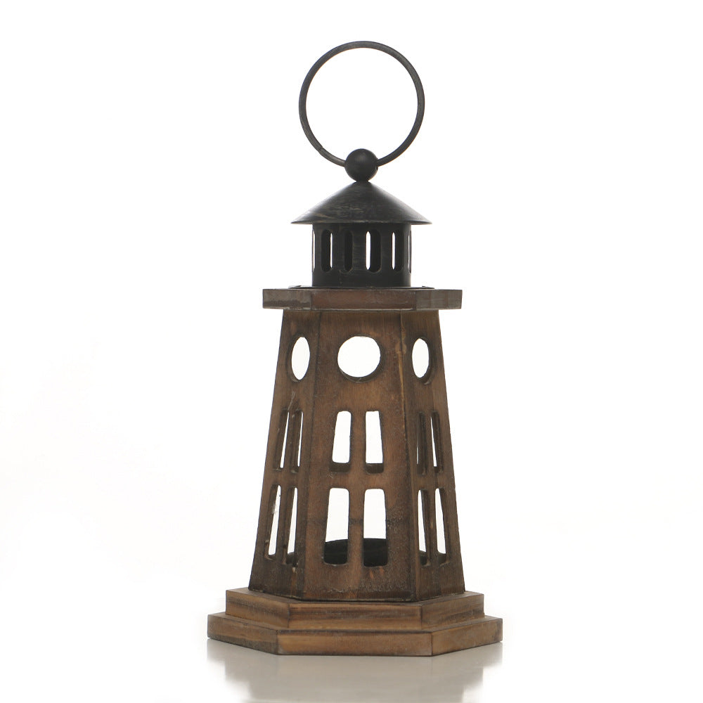 Distressed Wood Glass Candle Lantern with Perforated Metal Top and Vintage Latch