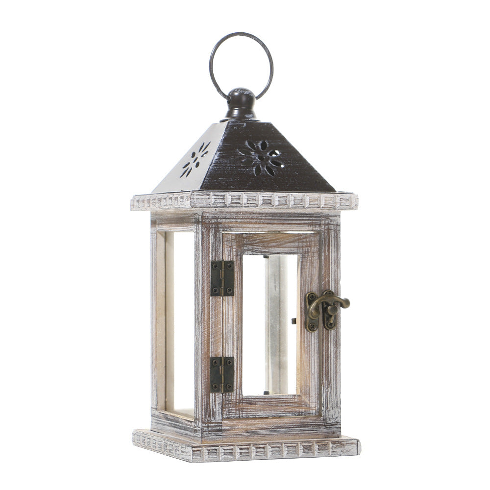 Distressed Wood Glass Candle Lantern with Perforated Metal Top and Vintage Latch