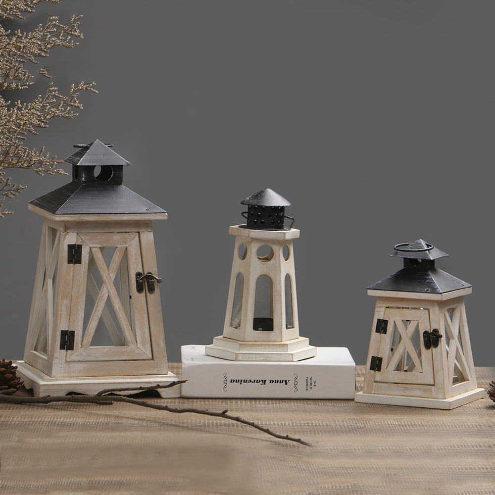 Rustic Wooden Glass-Paneled Lantern with Metal Roof and Latch Candle Holder
