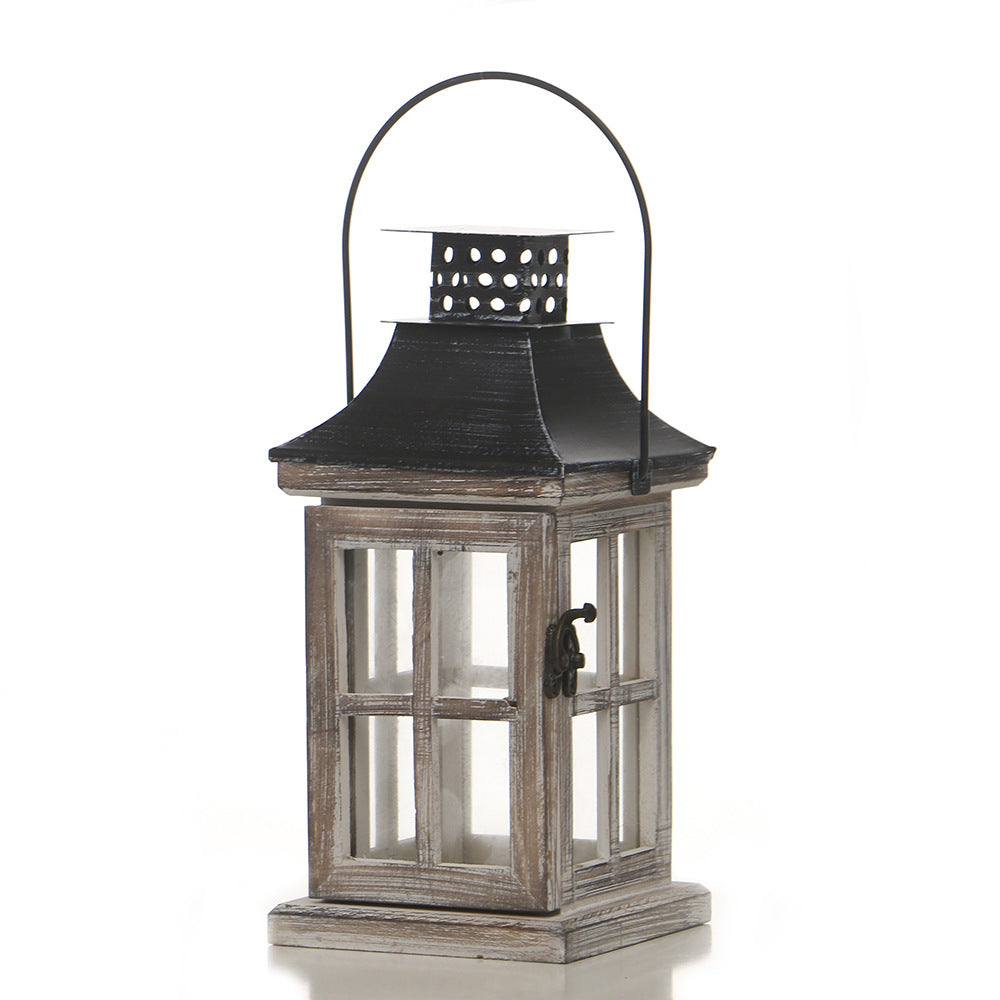 Distressed Wood Glass Candle Lantern with Perforated Metal Top and Vintage Latch