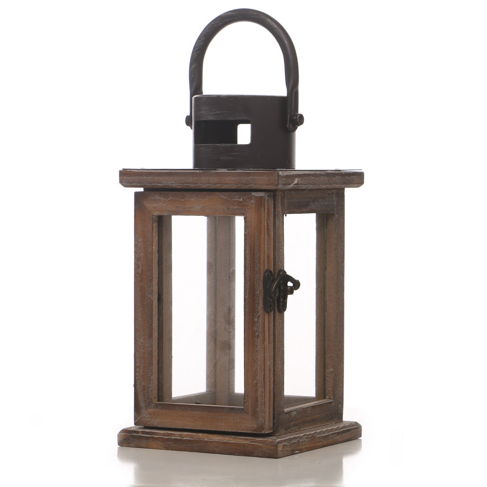 Distressed Wood Glass Candle Lantern with Perforated Metal Top and Vintage Latch