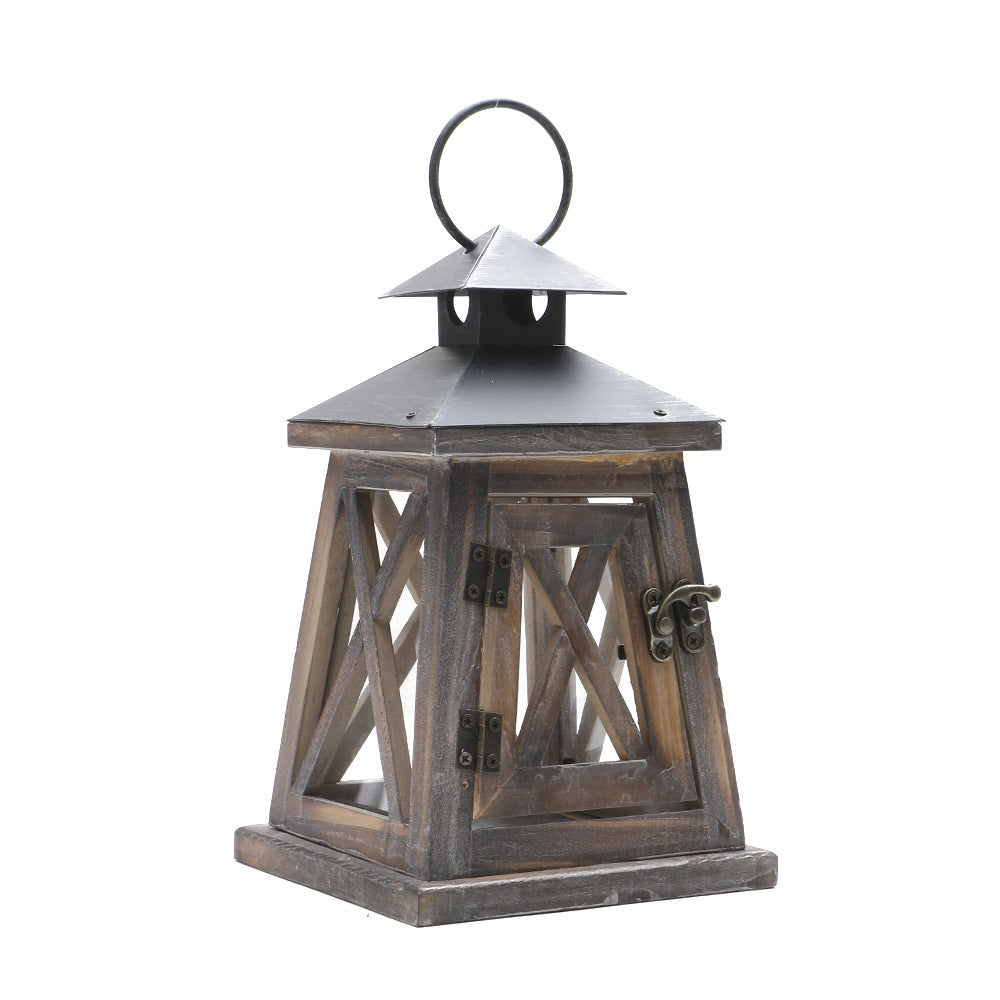 Distressed Wood Glass Candle Lantern with Perforated Metal Top and Vintage Latch