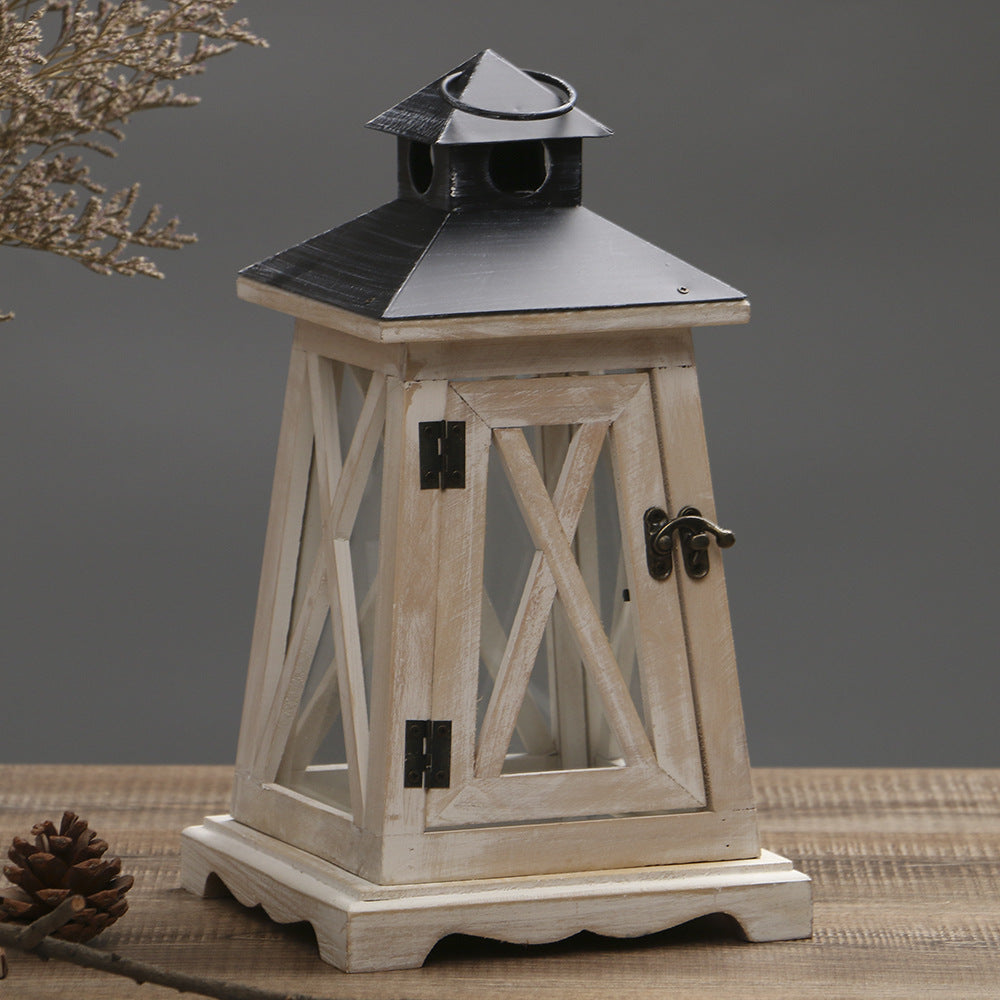 Distressed Wood Glass Candle Lantern with Perforated Metal Top and Vintage Latch