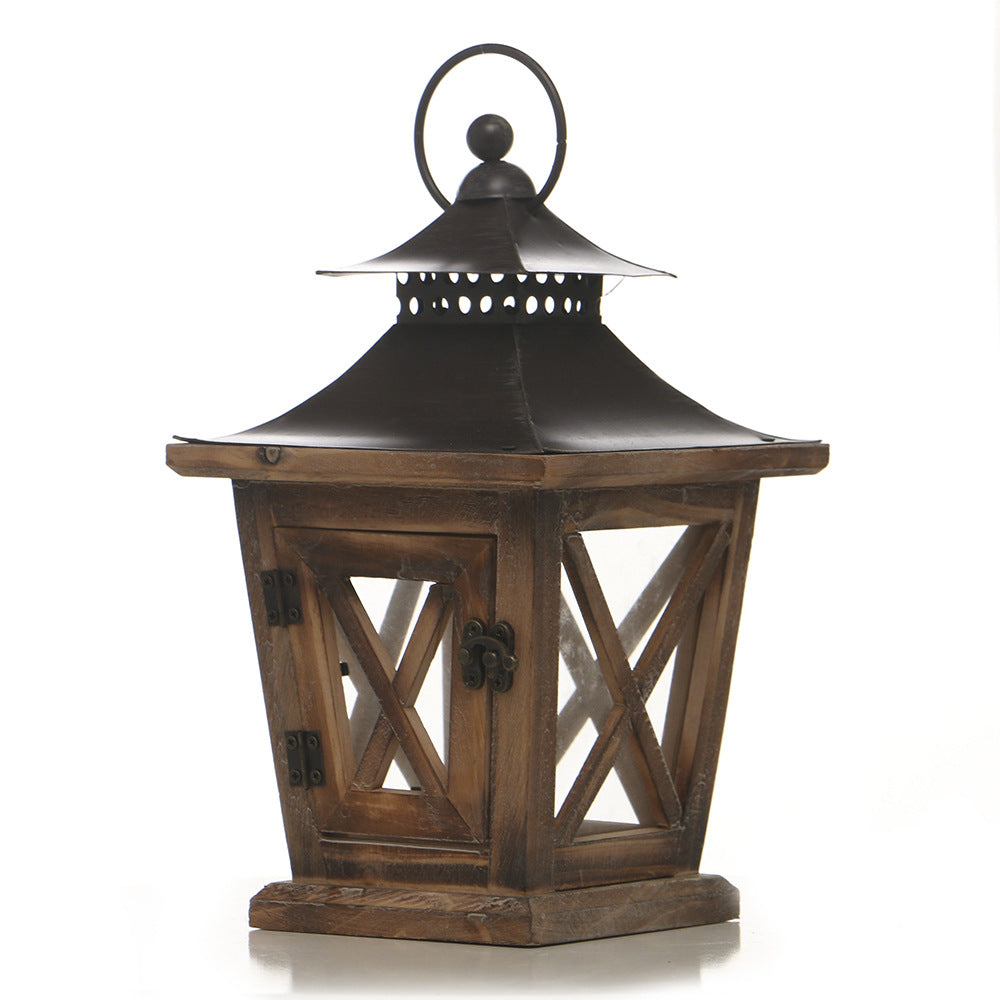 Distressed Wood Glass Candle Lantern with Perforated Metal Top and Vintage Latch