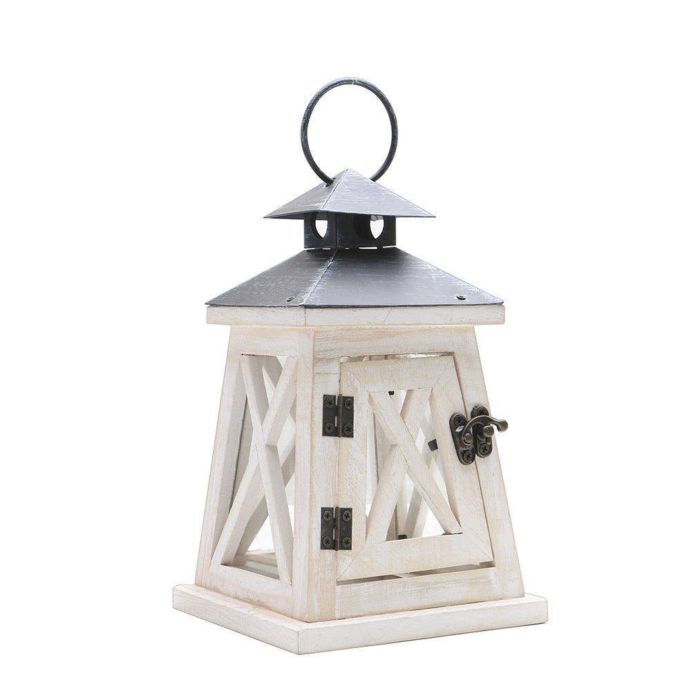 Distressed Wood Glass Candle Lantern with Perforated Metal Top and Vintage Latch