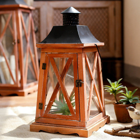 Hanging Rustic Metal and Glass Lantern Candle Holder with LED Flameless Pillar Effect