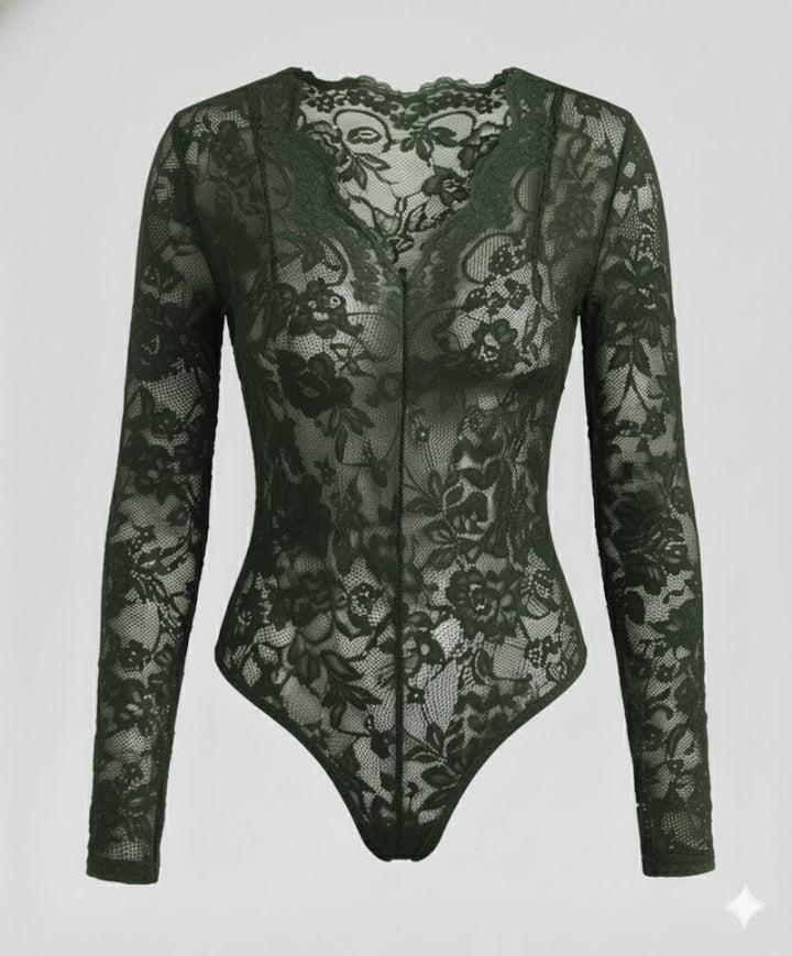 Women Lace Bodysuit Long Sleeve V-Neck