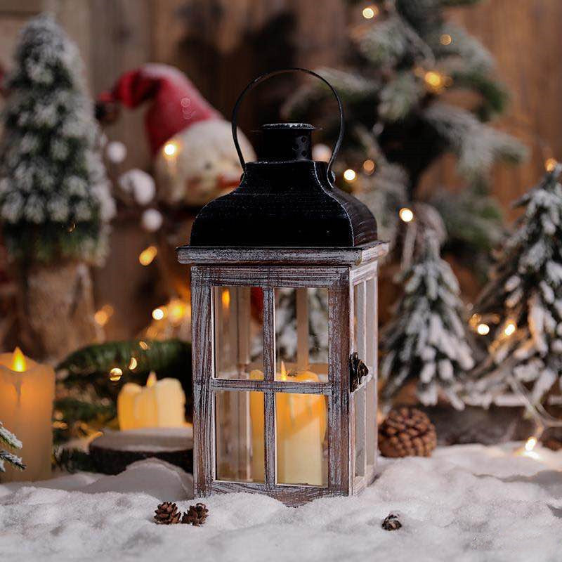 Distressed Wood Glass Candle Lantern with Perforated Metal Top and Vintage Latch
