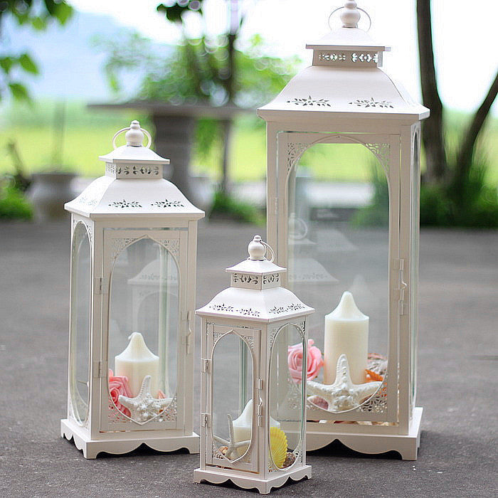Decorative Vintage Style Metal and Glass Lantern Set with Hinged Door