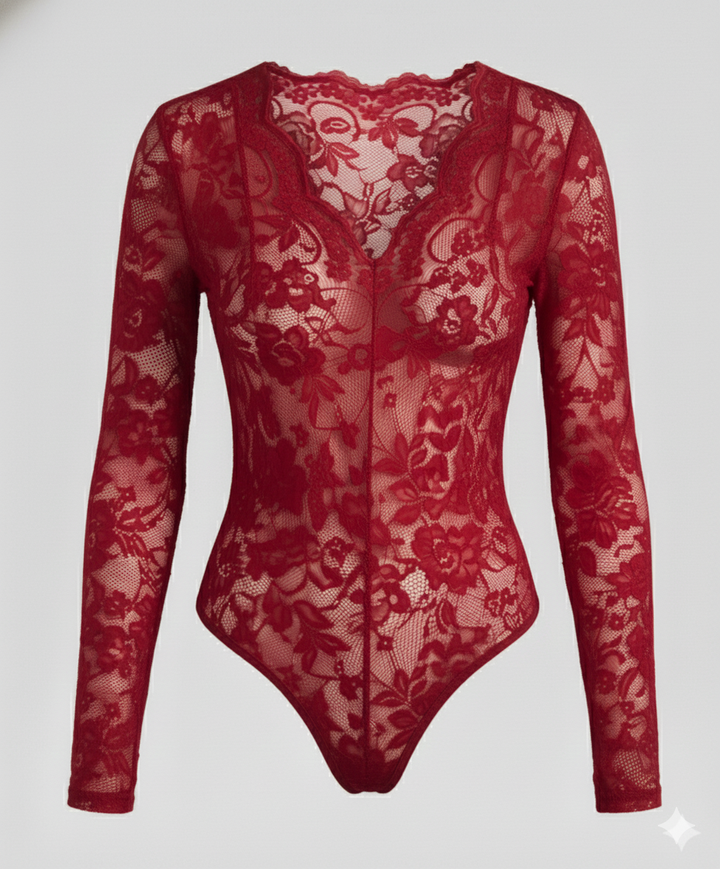 Women Lace Bodysuit Long Sleeve V-Neck