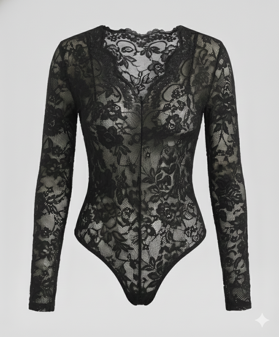 Women Lace Bodysuit Long Sleeve V-Neck