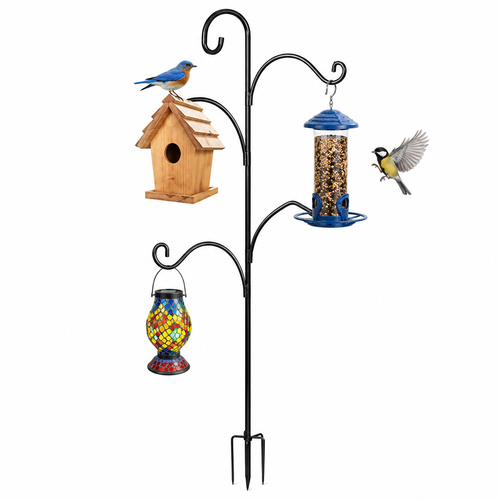 Adjustable double-hook shepherd hook ground stake with anchoring fork for hanging bird feeders and lanterns