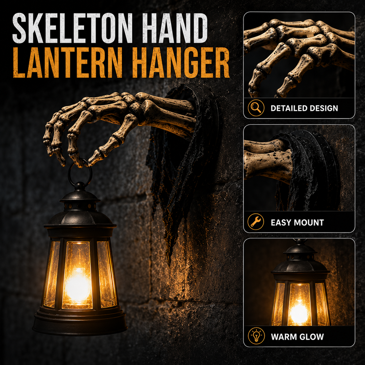 Wall-mounted skeleton hand lantern holder and spooky decor