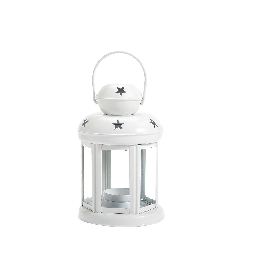 Hexagonal Glass-Paneled Metal Tealight Lantern with Star Vent Cutouts