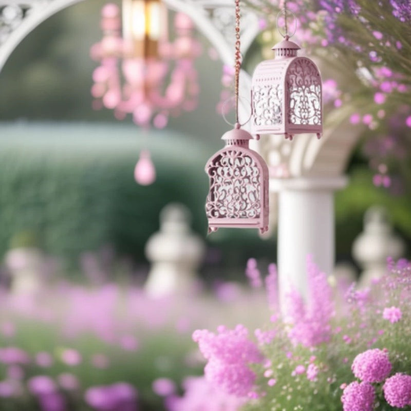 Decorative Vintage Filigree Metal and Glass Candle Lantern with Hinged Door and Carry Handle