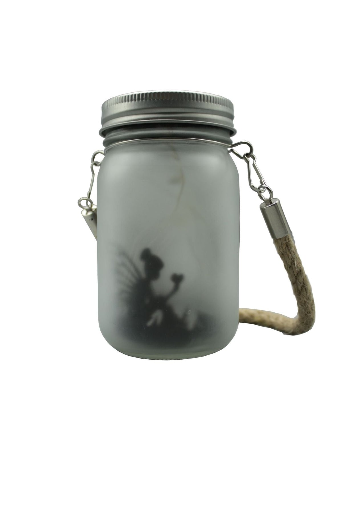 Hanging Frosted Mason Jar Solar LED Fairy Silhouette Lantern With Rope Handle And Dynamic LED String