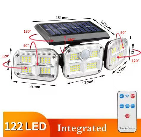 Outdoor Solar Triple-Head LED Security Floodlight With PIR Motion Sensor And Adjustable Swivel Mounts