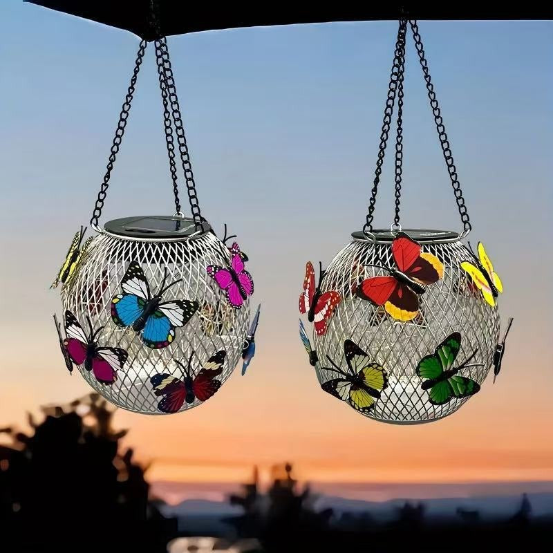 Solar Hanging Outdoor Lanterns With Vintage-Style LED Filament Bulb And Metal Cage Waterproof Suspension