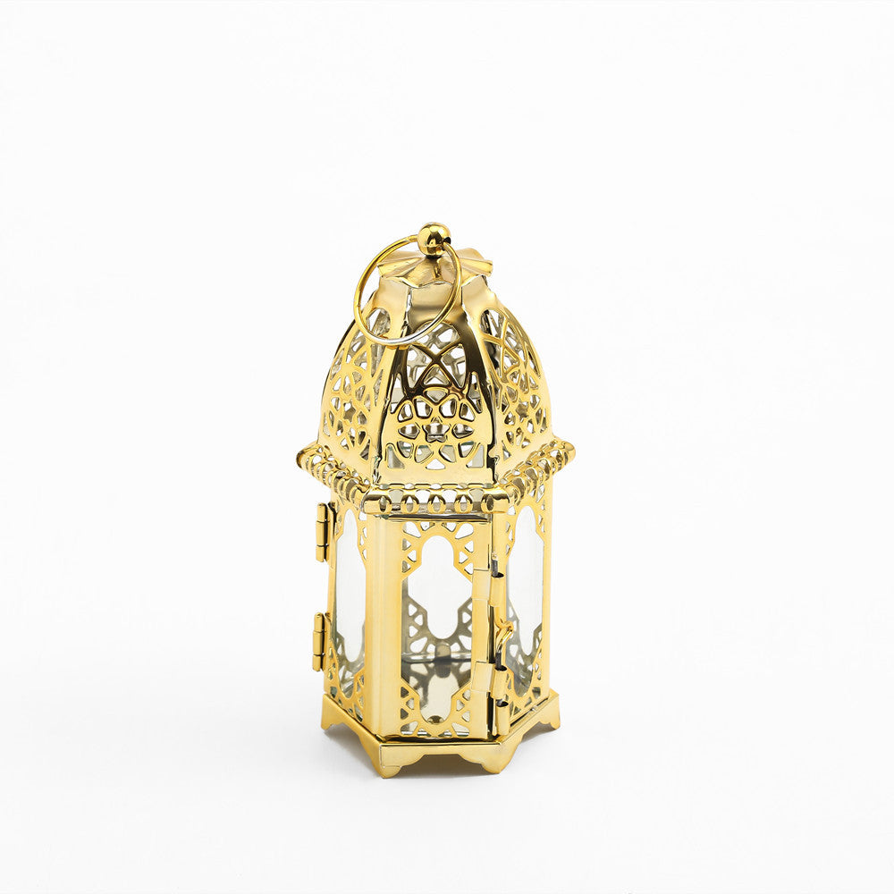 Intricate Cutwork Metal Tealight Lantern with Hinged Glass Panels