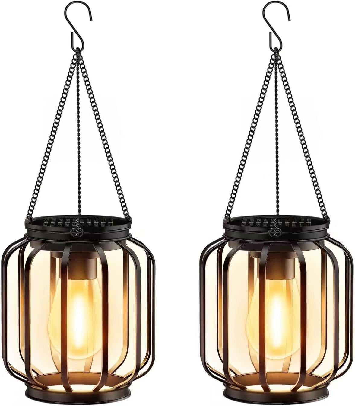 Solar Hanging Outdoor Lanterns With Vintage-Style LED Filament Bulb And Metal Cage Waterproof Suspension