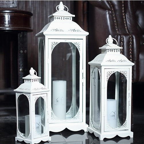 Decorative Vintage Style Metal and Glass Lantern Set with Hinged Door