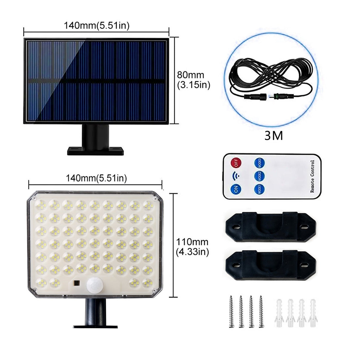 Solar PIR Motion Sensor LED Outdoor Floodlight Panel with Remote and Mounting Brackets