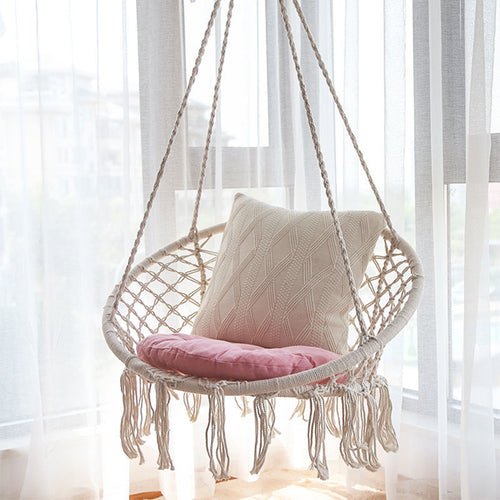 Boho Macrame Hanging Swing Chair with Woven Fringe