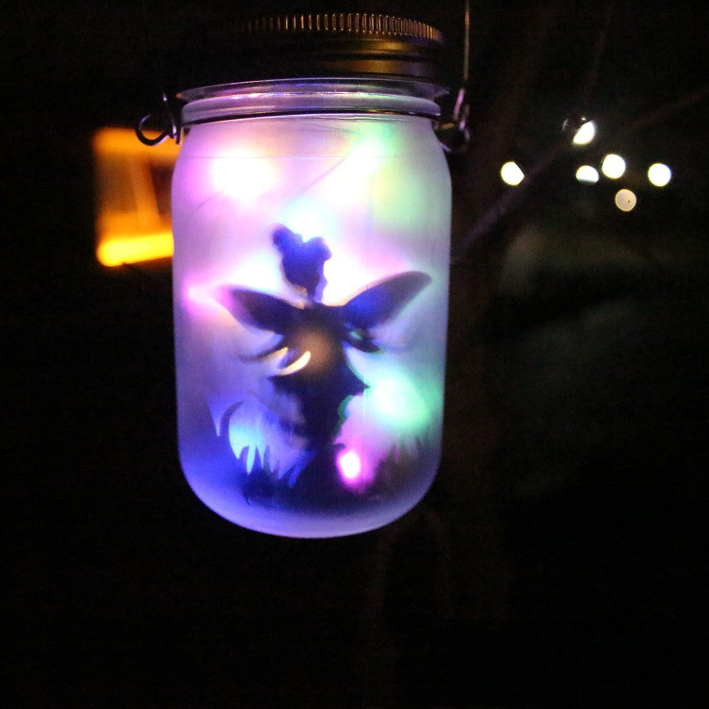 Hanging Frosted Mason Jar Solar LED Fairy Silhouette Lantern With Rope Handle And Dynamic LED String