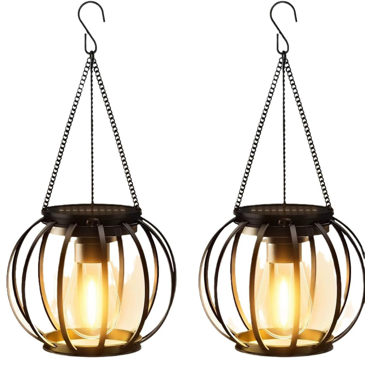 Solar Hanging Outdoor Lanterns With Vintage-Style LED Filament Bulb And Metal Cage Waterproof Suspension