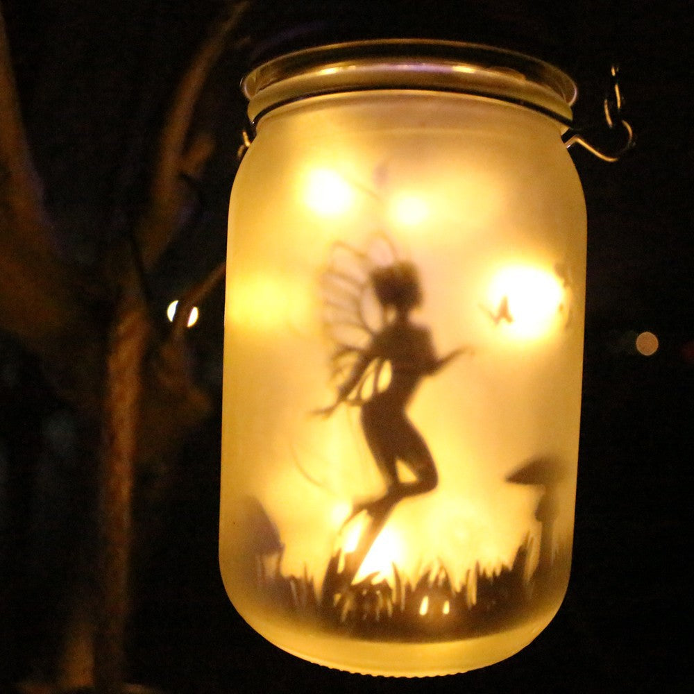 Hanging Frosted Mason Jar Solar LED Fairy Silhouette Lantern With Rope Handle And Dynamic LED String