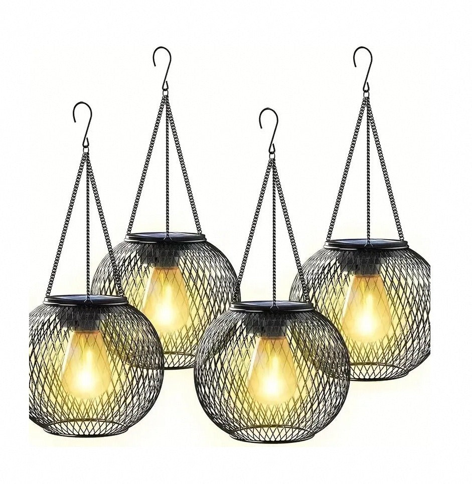 Solar Hanging Outdoor Lanterns With Vintage-Style LED Filament Bulb And Metal Cage Waterproof Suspension