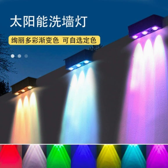 Outdoor Solar RGB Dual-Beam Wall Light With Integrated Photovoltaic Panel And Weather-Resistant Mounting Base