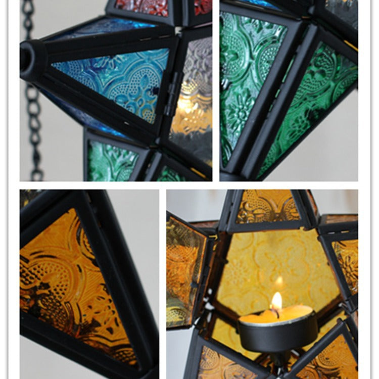 Moroccan-Inspired Stained Glass Star Hanging Lanterns with Embossed Panels