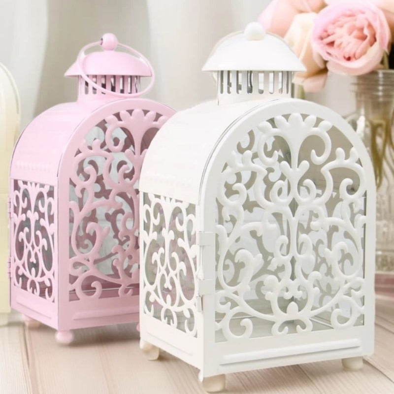 Decorative Vintage Filigree Metal and Glass Candle Lantern with Hinged Door and Carry Handle