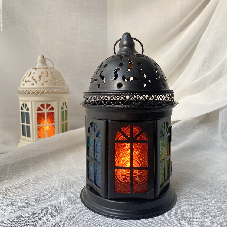 Ornate Metal Stained-Glass Tea Light Lantern
