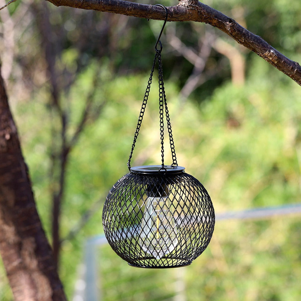 Solar Hanging Outdoor Lanterns With Vintage-Style LED Filament Bulb And Metal Cage Waterproof Suspension