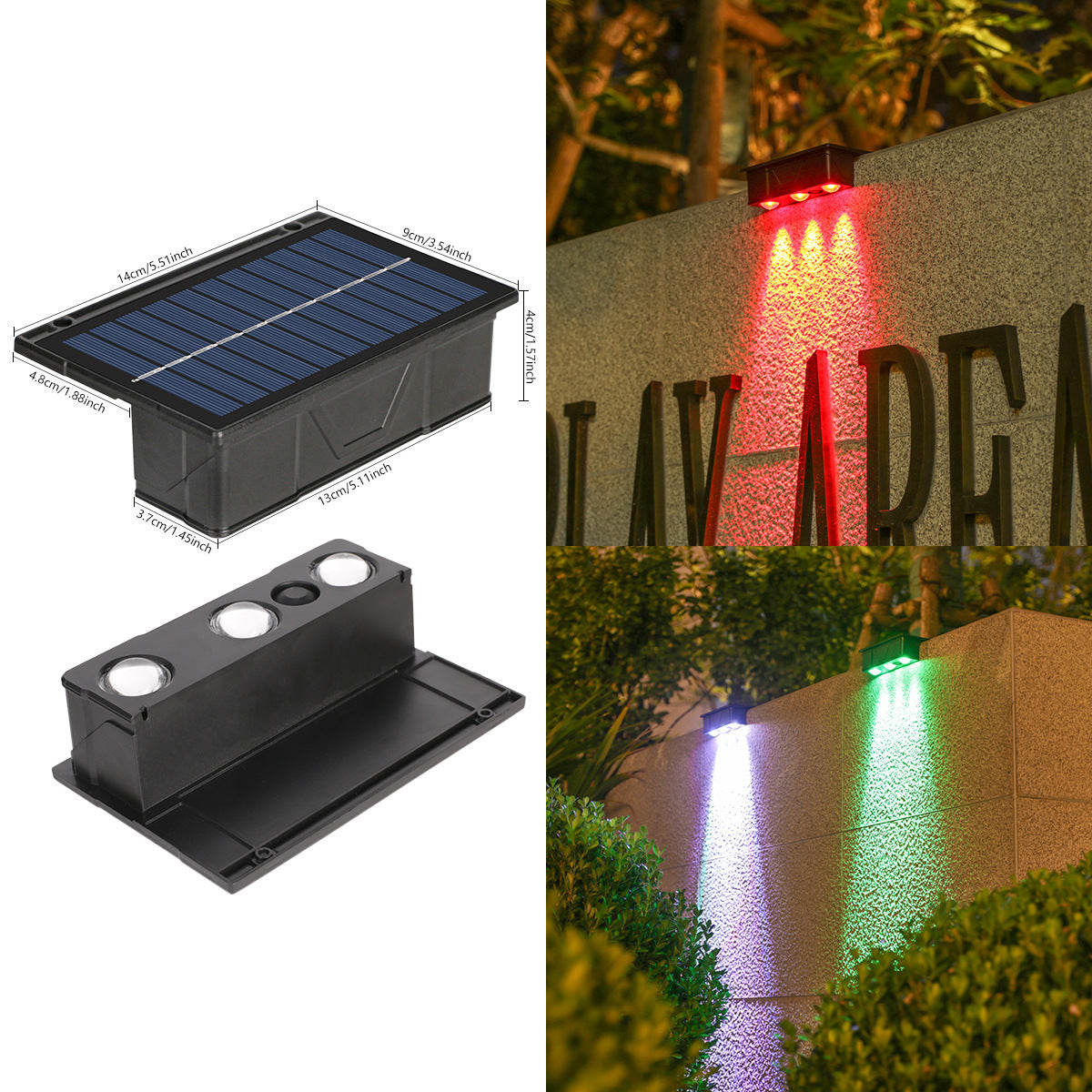 Outdoor Solar RGB Dual-Beam Wall Light With Integrated Photovoltaic Panel And Weather-Resistant Mounting Base