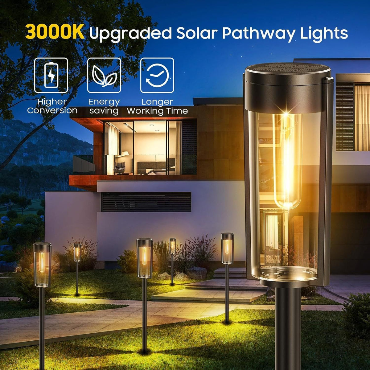 Outdoor Waterproof Vintage Glass Post Lantern With LED Filament Bulb And Ground Stake
