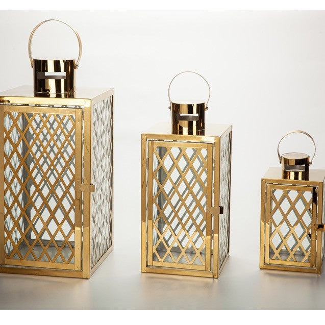 Modern Polished Lattice Metal Lantern Collection with Hinged Door and Top Loop Handle