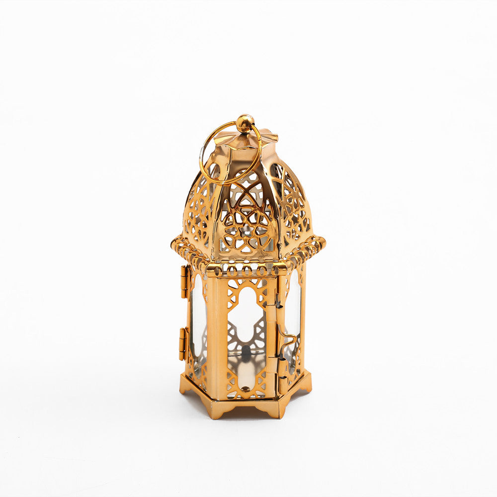 Intricate Cutwork Metal Tealight Lantern with Hinged Glass Panels