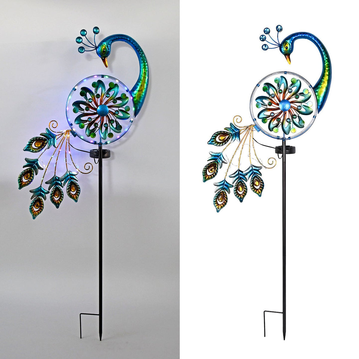 Decorative Metal Peacock Garden Stake Sculpture With Integrated LED Fairy Lights And Weatherproof Outdoor Stake