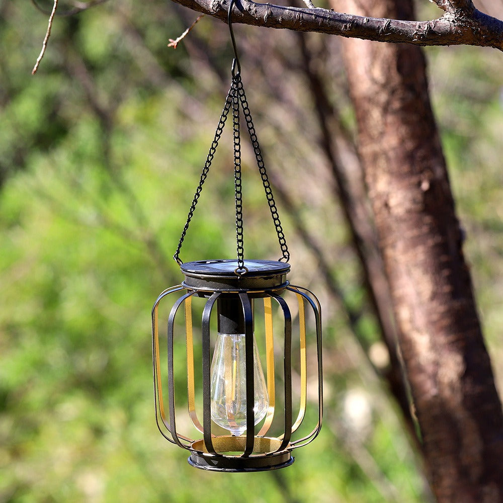 Solar Hanging Outdoor Lanterns With Vintage-Style LED Filament Bulb And Metal Cage Waterproof Suspension