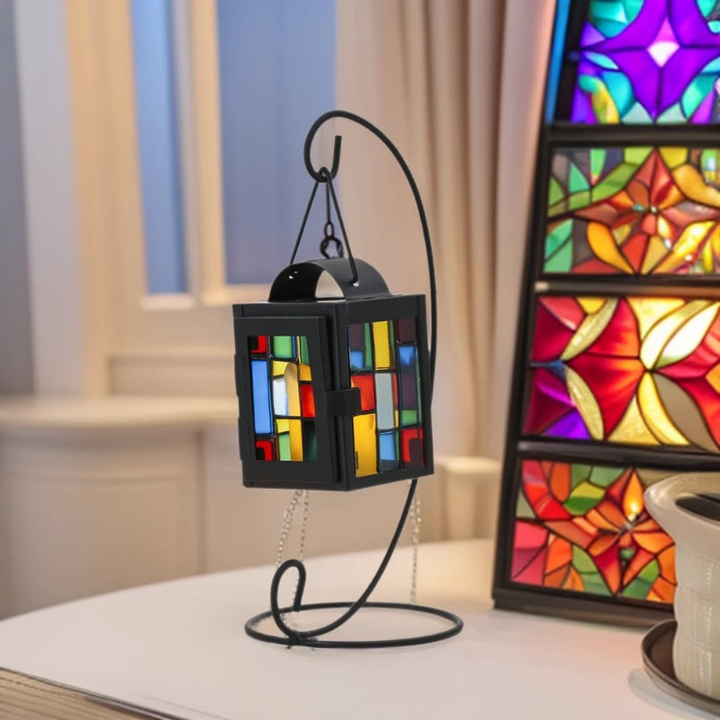 Stained Glass Mosaic Hanging Tealight Lantern with Metal Frame