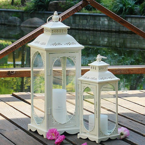 Decorative Vintage Style Metal and Glass Lantern Set with Hinged Door