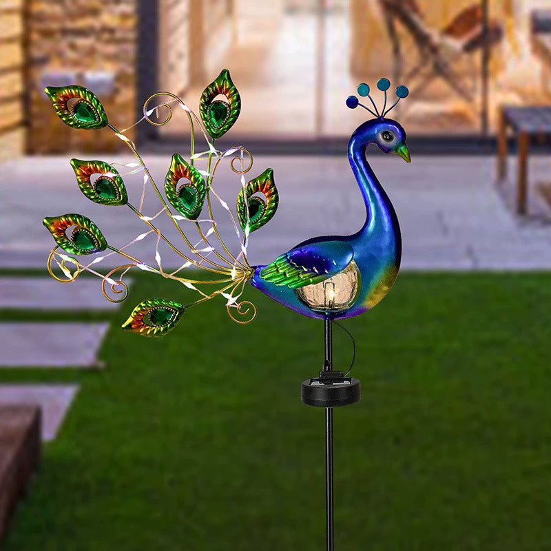 Decorative Metal Peacock Garden Stake Sculpture With Integrated LED Fairy Lights And Weatherproof Outdoor Stake