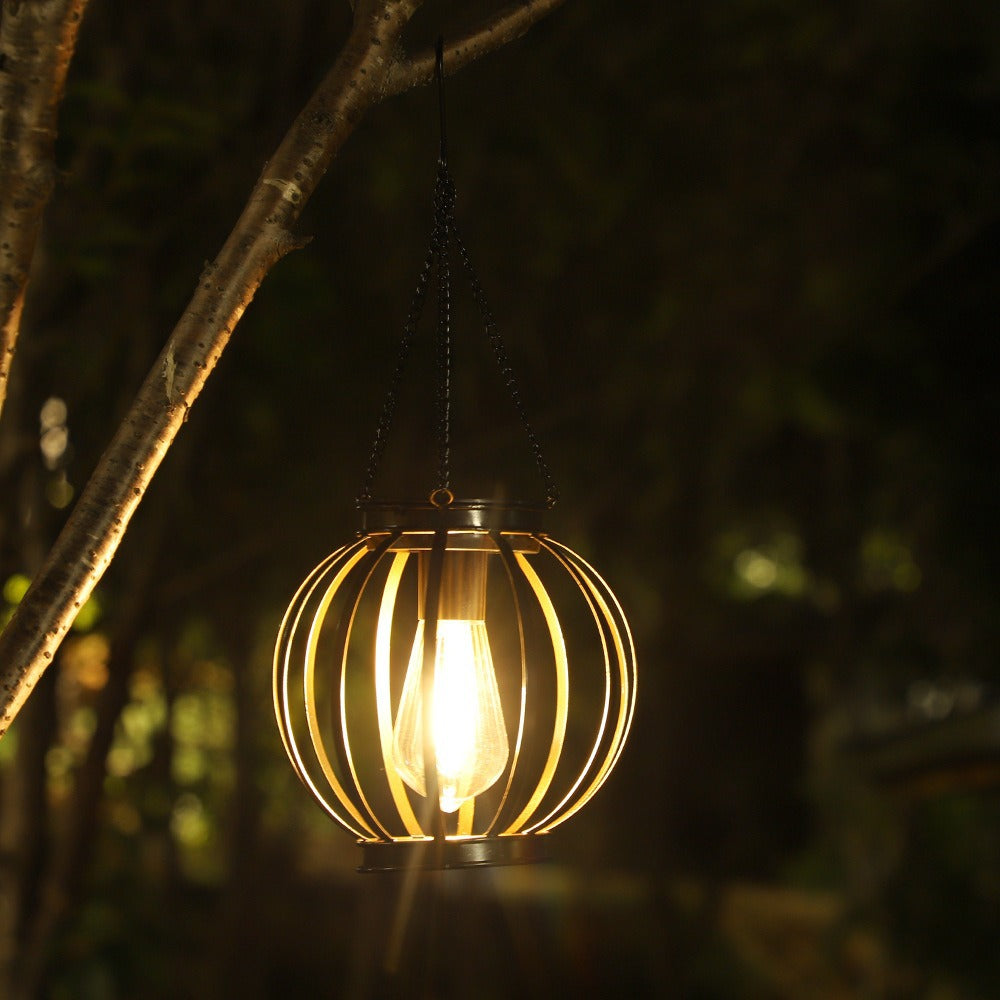 Solar Hanging Outdoor Lanterns With Vintage-Style LED Filament Bulb And Metal Cage Waterproof Suspension