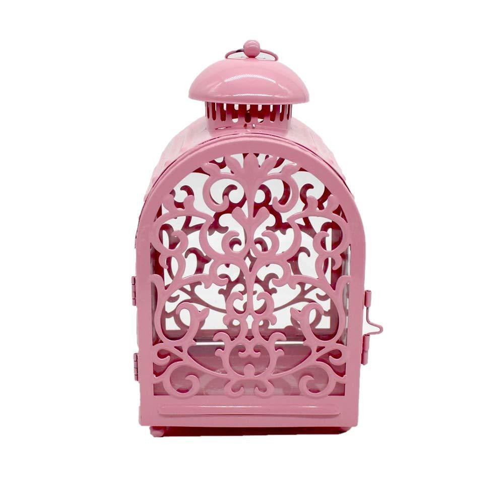 Decorative Vintage Filigree Metal and Glass Candle Lantern with Hinged Door and Carry Handle